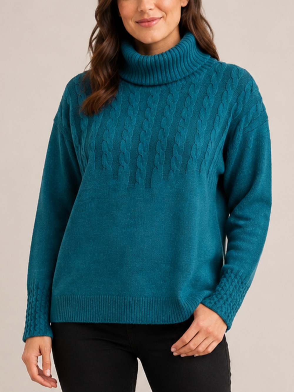 Sundance Womens L Teal Cable Knit Turtleneck Sweater Cotton Blend Pullover Boho